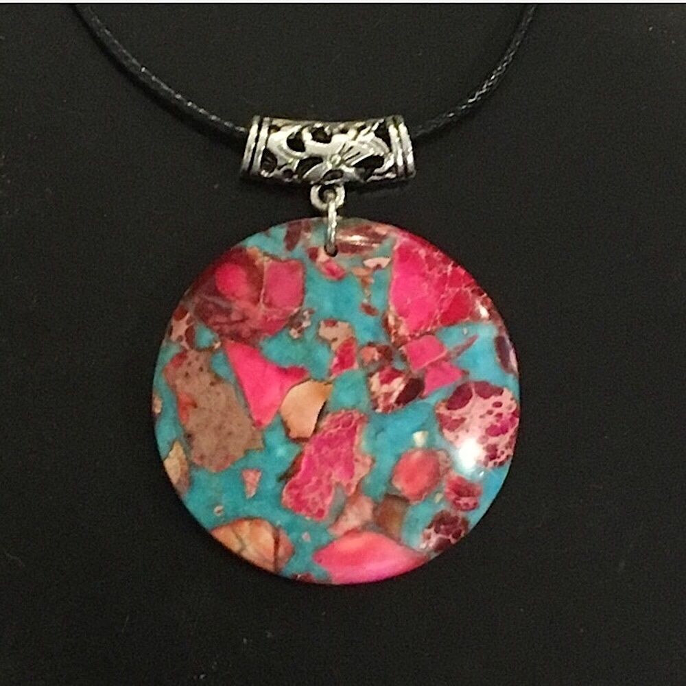 Blue Turquoise Agate Pyrite Pendant on Waxed Necklace w/ Lobster Claw Clasp